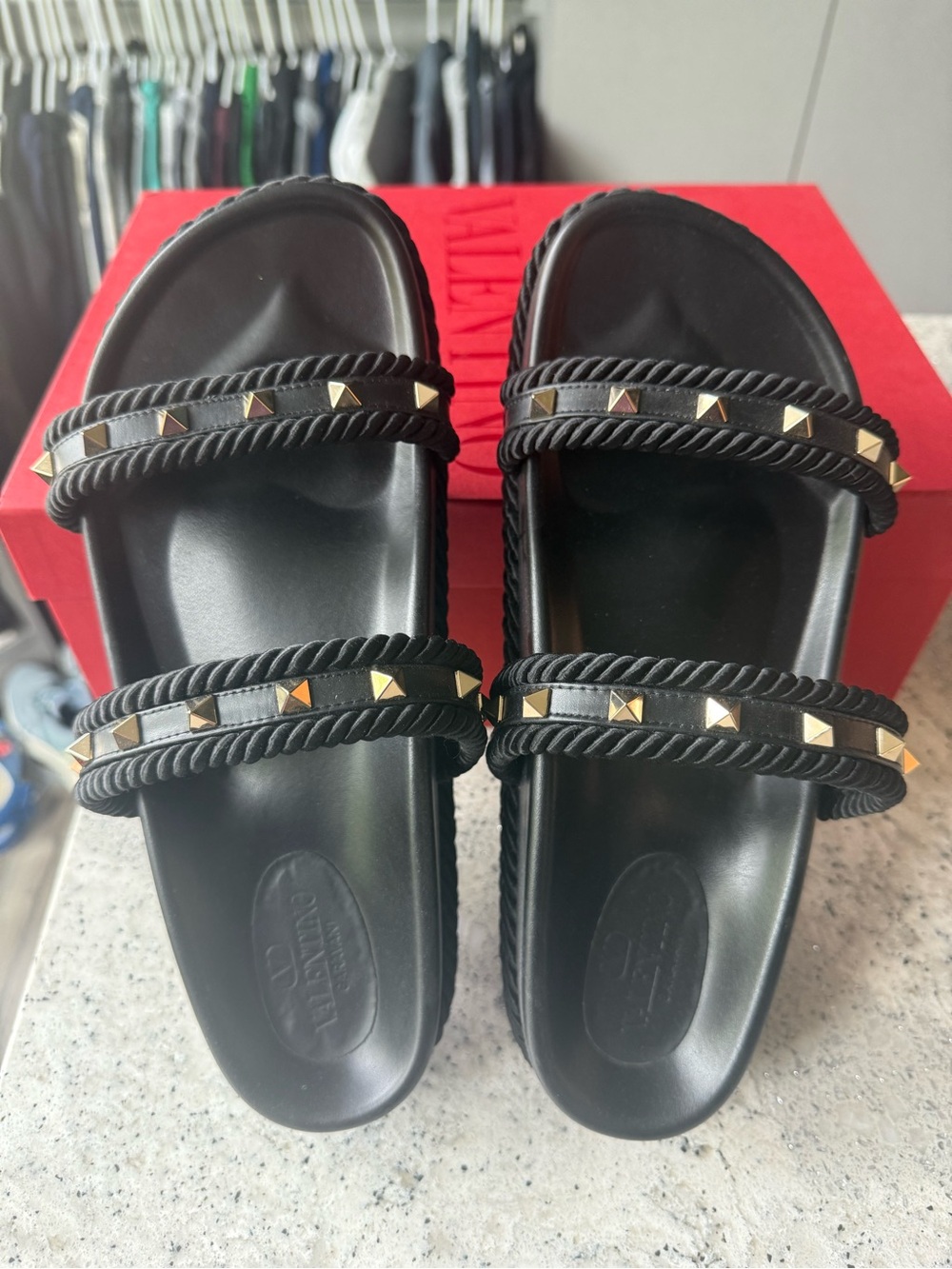 Valentino Black Studded Rope Strap Slide Sandals